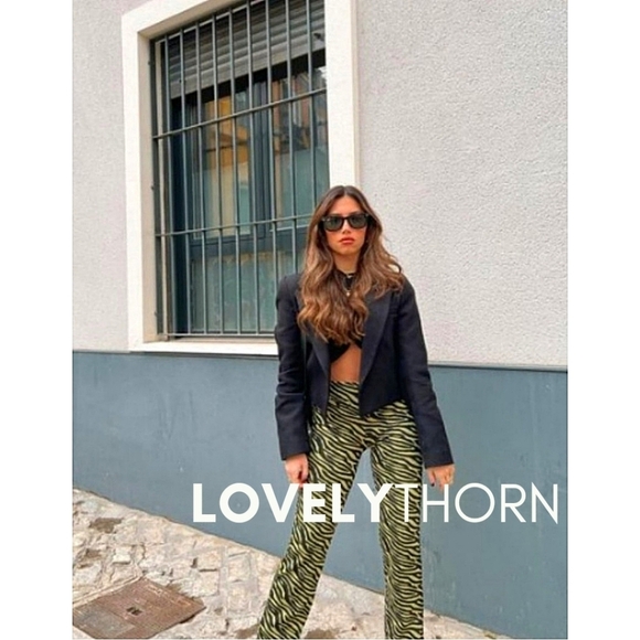 ZARA // retro-chic green blue velvet high waist straight slight flare pants - Picture 9 of 16